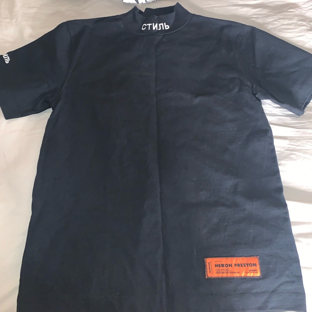 Heron Preston, Black Logo Shirt, Short Sleeve, Rib Knit Mock Neck Collar